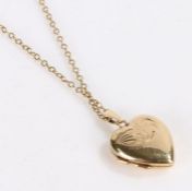 9 carat gold locket, of heart form, on an unmarked gold coloured metal necklace, gross weight 4.3g