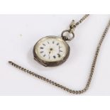 Ladies continental silver open face pocket watch, the white dial with Roman numerals and gilt