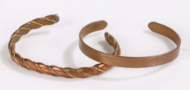 Two copper bangles, one with woven effect exterior (2)