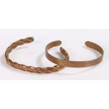 Two copper bangles, one with woven effect exterior (2)