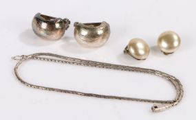 Silver necklace 49cm long, together with four white metal clip on earrings two (3)