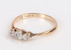 9 carat gold engagement ring, with three platinum set diamond chips, ring size O, 1.6g