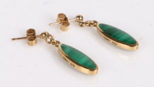 Pair of 9 Carat Gold earrings set with a Malachite, gross weight 3.9g