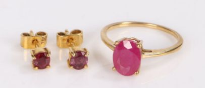 Sri Lankan Ruby set jewellery, to include a yellow metal ring and a pair of ear studs,