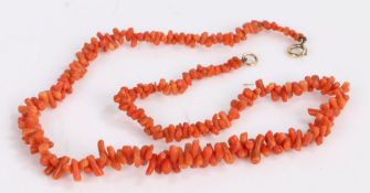 Coral necklace shaped of cylindrical pieces of coral, length 45cm