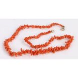 Coral necklace shaped of cylindrical pieces of coral, length 45cm