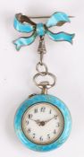 Ladies silver and turquoise enamel decorated pendant watch, the white enamel dial with Arabic