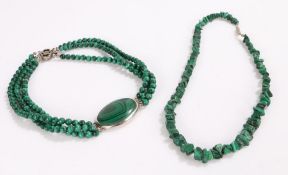 Silver and Malachite necklace, three rows of malachite together with another malachite necklace in