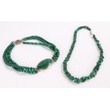 Silver and Malachite necklace, three rows of malachite together with another malachite necklace in