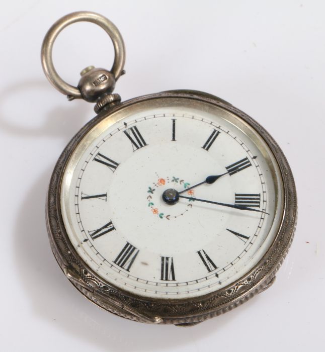 Ladies Victorian silver open face pocket watch, the white enamel dial with Roman numerals and