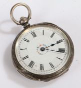 Ladies Victorian silver open face pocket watch, the white enamel dial with Roman numerals and