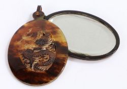 Tortoise shell pocket mirror depicting a Chinese dragon 7.5cm