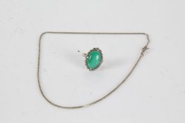 Silver necklace together with a silver ring set with a green stone, ring size O, gross weight 8.8g