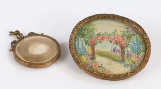 Brooch wool work scene depicting flowers in a Forrest with a mourning pendant with a photograph of a