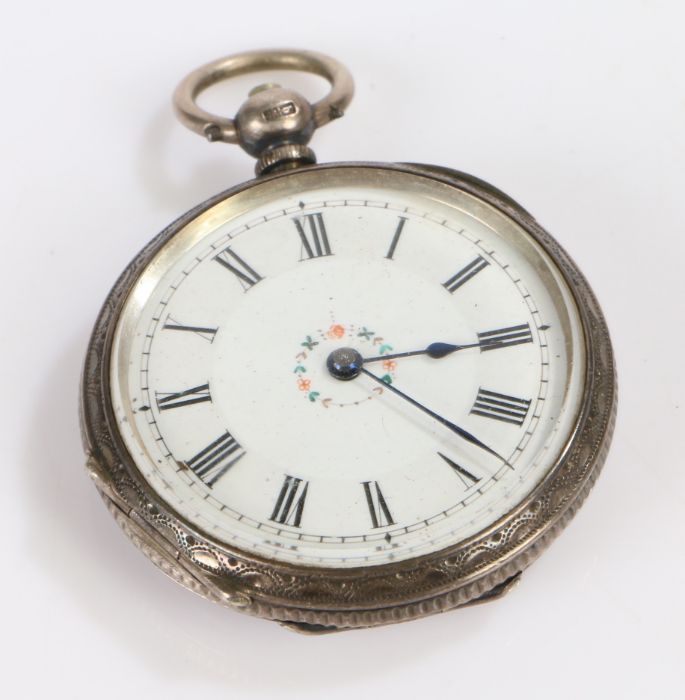 Ladies Victorian silver open face pocket watch, the white enamel dial with Roman numerals and - Image 2 of 2