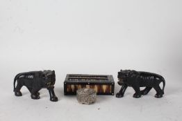 Porcupine quill box, pair of carved ebony lions, octagonal metal box (4)