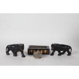 Porcupine quill box, pair of carved ebony lions, octagonal metal box (4)