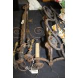 Pair of early 20th Century steel adjustable wall brackets, converted to electricity, 64cm long (2)