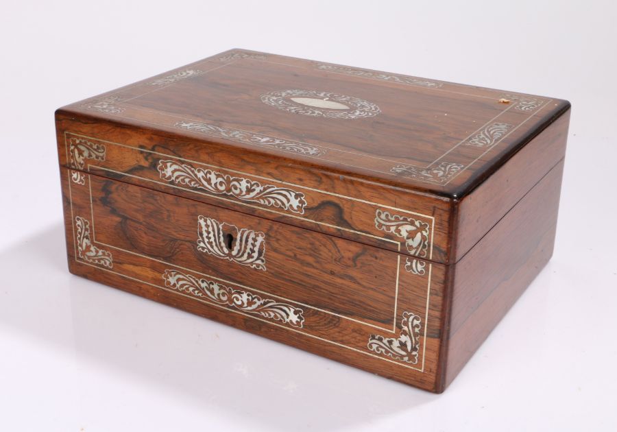 Victorian rosewood and mother of pearl inlaid sewing box, the rectangular box with foliate swag