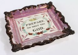 Victorian religious lustre plaque, reading 'Prepare to meet thy God', 24cm wide