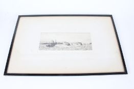 William Lionel Wyllie (1851-1931), steam boats with harbour wall to the rear, signed etching, housed