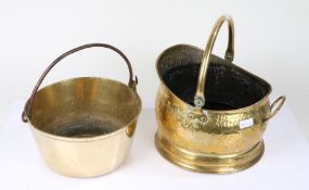 Early 20th century brass coal bucket, with a spot hammered effect, together with a brass preserve