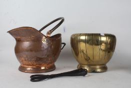 Victorian copper coal scuttle, together with a pair of tongs and a large brass jardeniere (3)