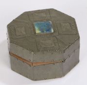 Arts and Crafts style pewter and enamel box, of octagonal form, the hinged lid centred with a square