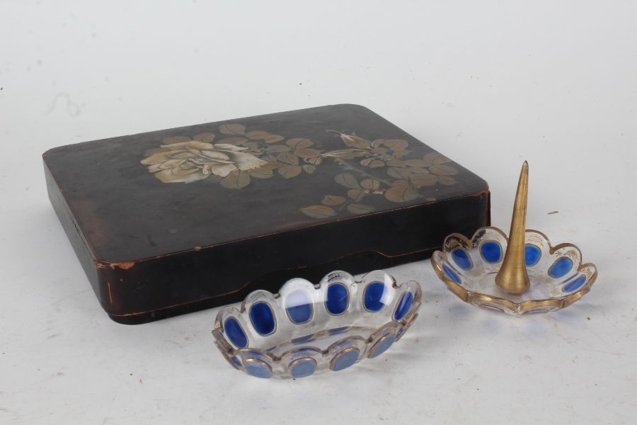 Bohemia style blue, gilt and clear glass dressing table pin tray and ring dish, Japanese lacquer box