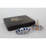 Bohemia style blue, gilt and clear glass dressing table pin tray and ring dish, Japanese lacquer box