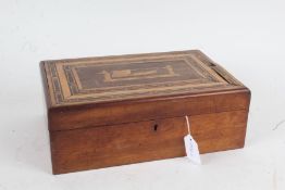 19th Century inlaid sewing box, the hinged lid depicting three figures, opening to reveal a fitted