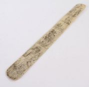 Whale bone stay busk, 19th century, etched with figures and a dog, 39cm long