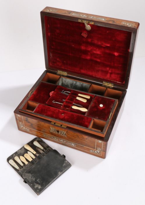 Victorian rosewood and mother of pearl inlaid sewing box, the rectangular box with foliate swag - Image 2 of 2