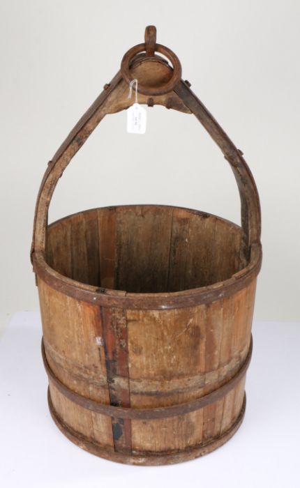 Chinese metal bound well bucket, of circular form, 41cm diameter and 70cm high