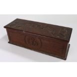 19th Century oak glove box, dated 1892 to the front and 1913 to the back, initialled P O, 28cm wide