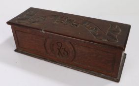 19th Century oak glove box, dated 1892 to the front and 1913 to the back, initialled P O, 28cm wide