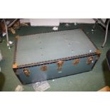Early 20th Century Mossman leather and brass bound travel trunk, in blue, marked with a name, 90cm