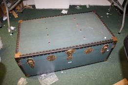 Early 20th Century Mossman leather and brass bound travel trunk, in blue, marked with a name, 90cm