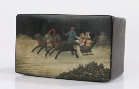 Late 19th Century Russian papier mache box, the hinged lid decorated with a Troika and horses in a