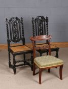 Pair late Victorian oak hall chairs, having carved leaf back rail, with barley twist columns and