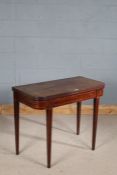 George III mahogany and boxwood tea table, the rectangular hinged top with round corners and