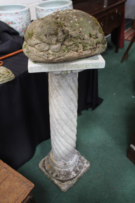 Reconstituted stone garden column, with spiral column, 92cm high, together with three statues in the
