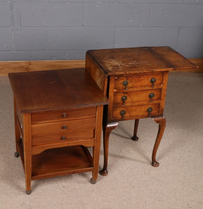 20th century walnut drop leaf work table, fitted with three drawers and raised on cabriole supports,