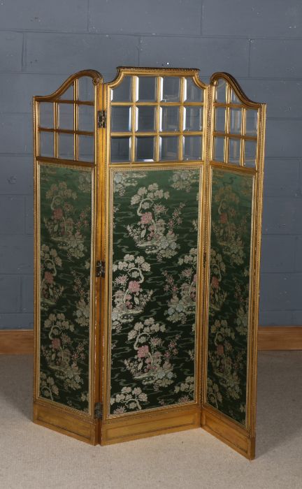 Regency style gilt wood and glazed boudoir screen, having shaped top with bead border and glazed