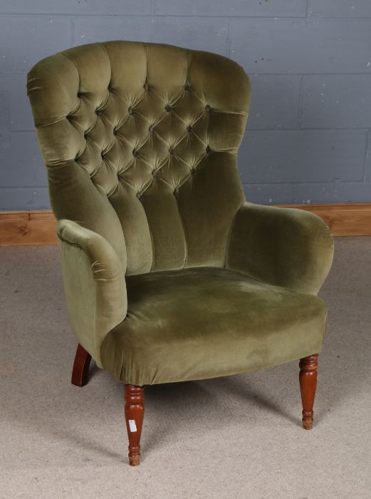 Victorian style button back armchair, with green upholstery and raised on turned mahogany legs, 73cm