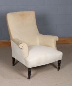 Victorian armchair, for re-upholstery, raised on ebonised legs and castors, 79cm wide