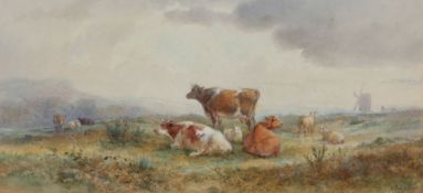 Henry I Earp (1831-1914), landscape scene with cattle and windmill, signed watercolour, housed in