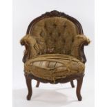 Victorian armchair, with foliate and scroll carved cresting rail, scroll carved arm terminals,