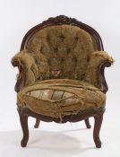 Victorian armchair, with foliate and scroll carved cresting rail, scroll carved arm terminals,