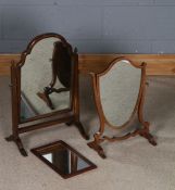 George III style mahogany and boxwood inlaid mirror, of shield shape, together with on other